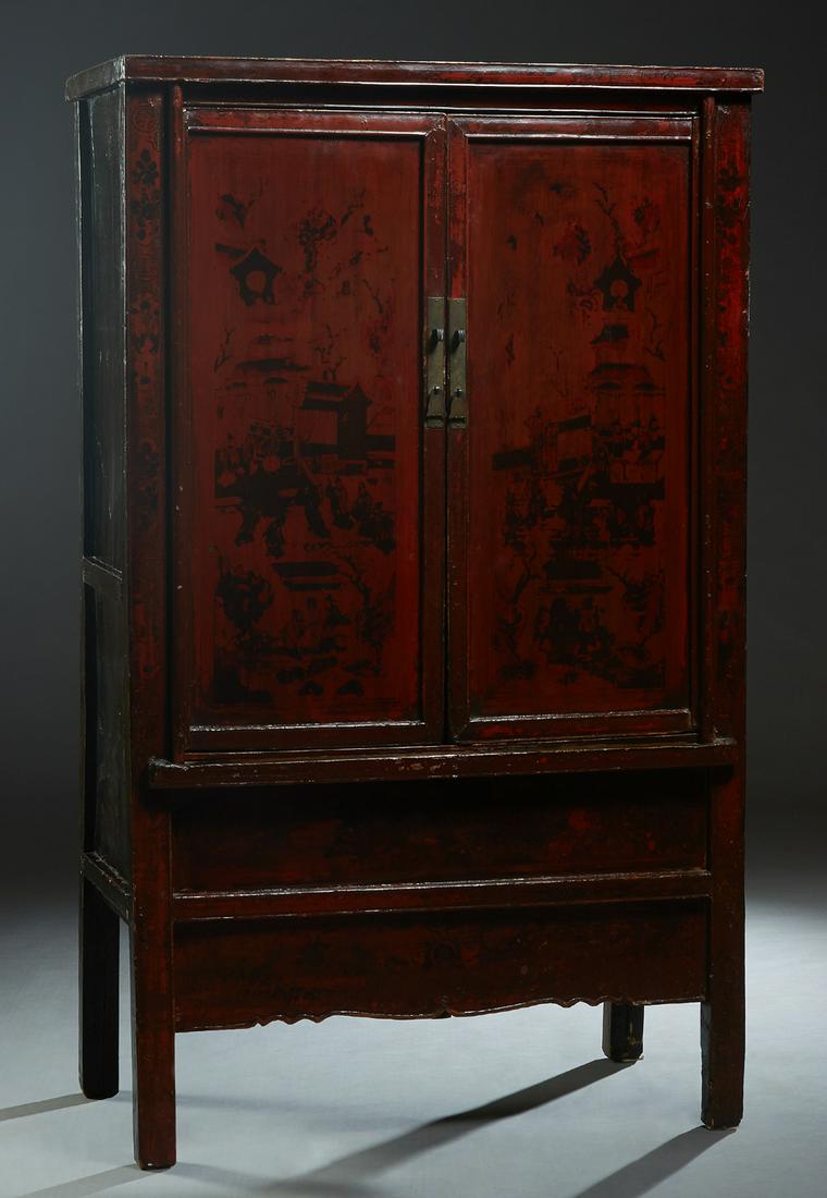 Chinese Double Door Lacquered Elm Armoire, 19thc., the: Chinese Double Door Lacquered Elm Armoire, 19thc., the doors with figural and landscape decoration, over a deep paint decorated skirt, on block legs, H.- 74 in., W.- 46 in., D.- 21 in.