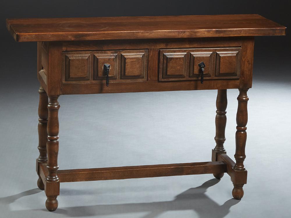 French Provincial Renaissance Style Carved Beech: French Provincial Renaissance Style Carved Beech Console Table, 20th c., the thick plank top over two frieze drawers, on turned legs joined by an H-form stretcher, H.- 29 1/2 in., W.- 43 1/4 in., D.- 