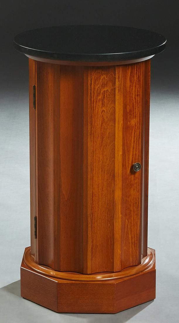 English Style Carved Birch Marble Top Columnar Cabinet: English Style Carved Birch Marble Top Columnar Cabinet, 20th c., the circular black marble over fluted sides with a door opening to a shelved interior, on an octagonal plinth base, H.- 29 1/4 in., Dia