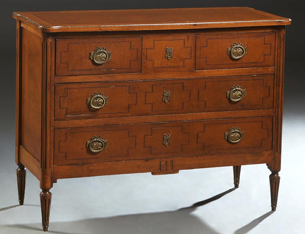 French Louis XVI Style Inlaid Carved Mahogany Commode,: French Louis XVI Style Inlaid Carved Mahogany Commode, early 20th c., the ogee edge cookie corner top over two frieze drawers above two long drawers, flanked by reeded pilasters, on a plinth base on t