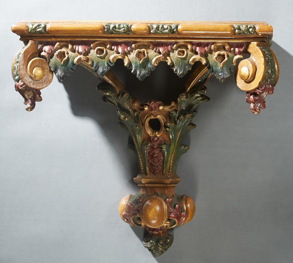 Unusual Polychromed Plaster Bracket Shelf, early 20th: Unusual Polychromed Plaster Bracket Shelf, early 20th c., the stepped top over a relief skirt with scrolled corner supports, to a pierced central support, H.- 18 in., W.- 18 1/2 in., D.- 8 in.
