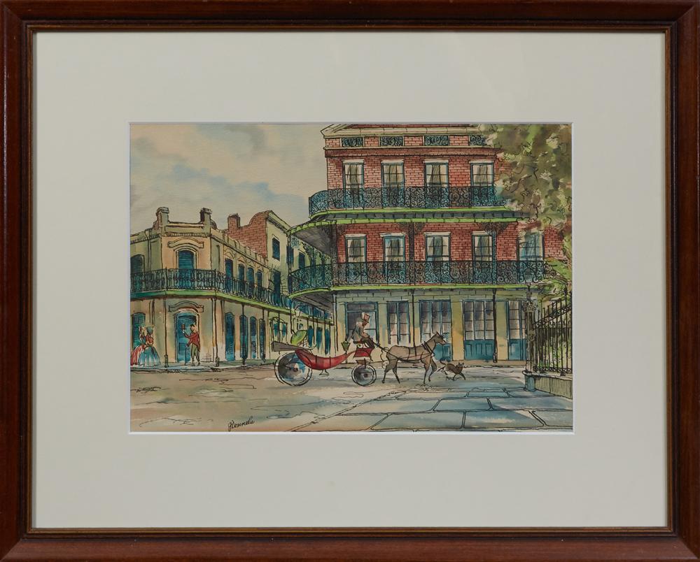 Johnny Donnels (1954-2009, New Orleans), "Pontalba: Johnny Donnels (1954-2009, New Orleans), "Pontalba Apartments," 20th c., watercolor, signed lower left, presented in a mahogany frame, H.- 9 3/4 in., W.- 13 3/4 in.