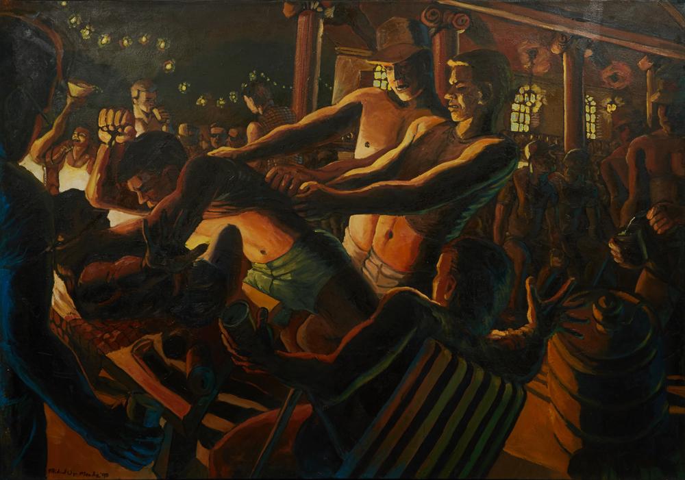 Michael Meads (1966-, Alabama), "Frat Party: Waiting: Michael Meads (1966-, Alabama), "Frat Party: Waiting for the Little Sisters," 1990, oil on canvas, signed and dated lower left, unframed, signed, titled and dated en verso, H.- 56 in., W.- 80 in.
