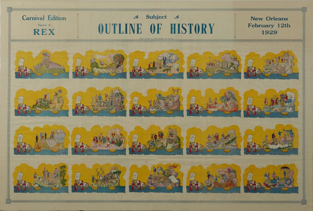 Mardi Gras Parade Bulletin, Rex, February 12, 1929,: Mardi Gras Parade Bulletin, Rex, February 12, 1929, "Outline of History," printed by Searcy & Pfaff, shrink wrapped, H.- 28 1/2 in., W.- 42 1/2 in.