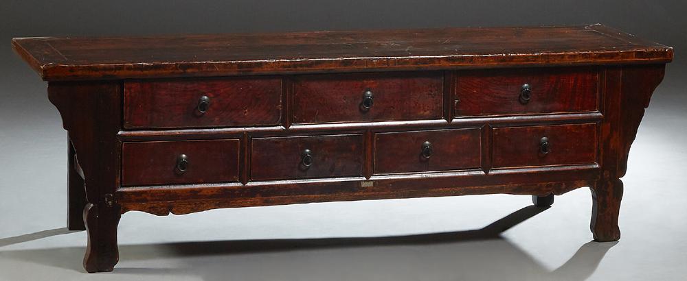 Chinese Carved Elm Long Side Cabinet, late Qing: Chinese Carved Elm Long Side Cabinet, late Qing dynasty, with three long frieze drawers above four smaller drawers, on shaped block legs, H.- 21 1/4 in., W.- 67 in., D.- 20 3/4 in.