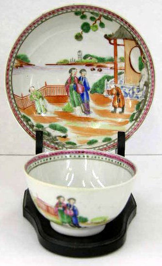 Chinese Tea Cup and Saucer, 19th c., with polychrom: Chinese Tea Cup and Saucer, 19th c., with polychromed figural decoration.