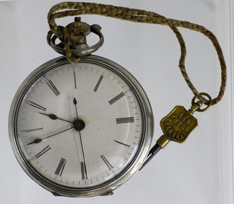 Unusual English Sterling Pocket Watch, c. 1870, th: Unusual English Sterling Pocket Watch, c. 1870, the key marked Leo Juvet, Shanghai, the hunting case back with a glass cover to see the highly engraved works, key wind, key set, H.- 3 in., W.- 2 1/8 i