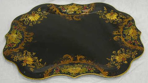 Shaped Tole Tray, early 20th c., with elaborate pa: Shaped Tole Tray, early 20th c., with elaborate painted floral decorations, H.- 1/2 in., W.- 25 in., D.- 19 1/2 in.