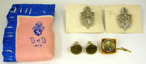 Four Mardi Gras Krewe Favors- Bards of Bohemia sca: Four Mardi Gras Krewe Favors- Bards of Bohemia scarf, 1949, 2- Bards of Bohemia brooches, 1952, and a set of Zeus cufflinks and tie tack.