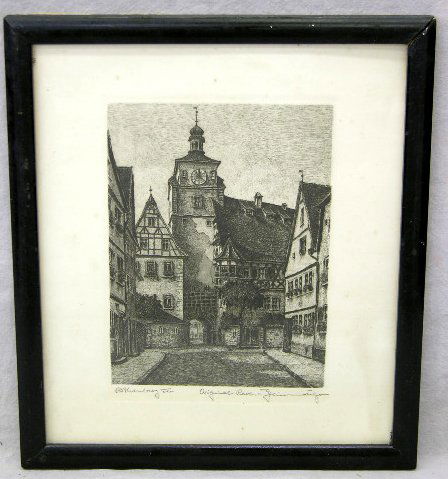 German School, "Rothenburg an der Tauber," 20th c.: German School, "Rothenburg an der Tauber," 20th c., etching, pencil titled l.l. margin, pencil signed indistinctly l.r. margin, framed, H.- 8 3/4 in., W.- 6 1/4 in.