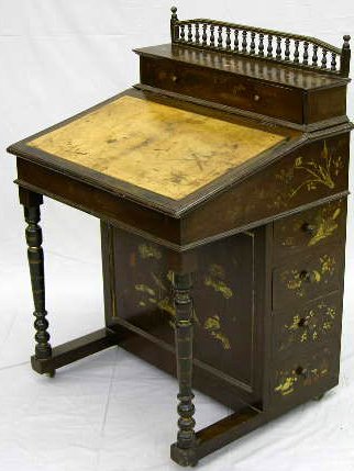 Edwardian Polychromed Davenport Desk, c.1900, the: Edwardian Polychromed Davenport Desk, c.1900, the superstructure with a spindled gallery above a single long drawer, the slanted leather-inset writing surface opening to a storage space and compartmen