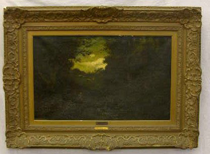 William Keith (Scottish/California, 1838-1911), "T: William Keith (Scottish/California, 1838-1911), "Through the Trees", oil on canvas, signed and inscribed "SF" lower left, bearing "The Museum of Fine Arts, Houston, Deaccessioned on 3-19-2007" en vers