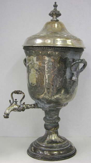 Victorian Silver Plated Hot Water Urn, 19th c., wi: Victorian Silver Plated Hot Water Urn, 19th c., with engraved decoration, the interior with a label for "Loysel's Patent Hydrostatic Percolator," retailed by Shaw & Fisher, Sheffield, H.- 20 in., W.- 