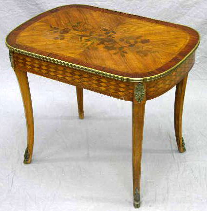 Louis XV Style Parquetry and Marquetry Inlaid Coff: Louis XV Style Parquetry and Marquetry Inlaid Coffee Table, early 20th c., the rectangular top with a bronze edge, the cabriole legs with bronze mounts and sabots, H.- 22 5/8 in., W.- 27 1/2 in., D.-