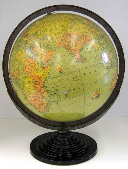 Rand McNally World Globe, c. 1940, on a stepped bl: Rand McNally World Globe, c. 1940, on a stepped black glass stand, H.- 17 in., Dia.- 14 in.