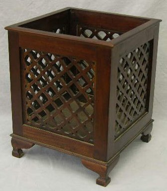 Carved Mahogany Wastebasket, 20th c., with open la: Carved Mahogany Wastebasket, 20th c., with open latticework sides, on ogee feet, H.- 15 1/2 in., W.- 12 5/8 in., D.- 12 5/8 in.