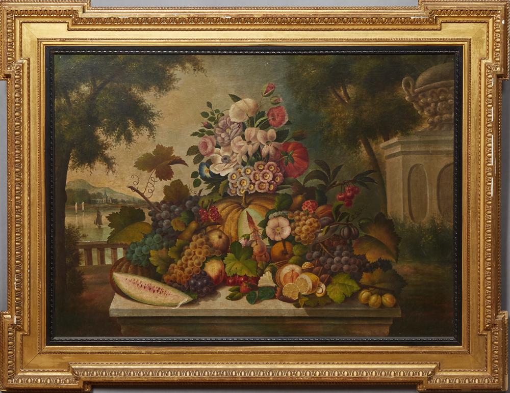 Dutch School, "Still Life of Fruit and Flowers,": Dutch School, "Still Life of Fruit and Flowers," 17/18th c., oil on canvas, presented in a gilt and gesso William Kent style frame, H.- 27 3/4 in., W.- 39 1/2 in.