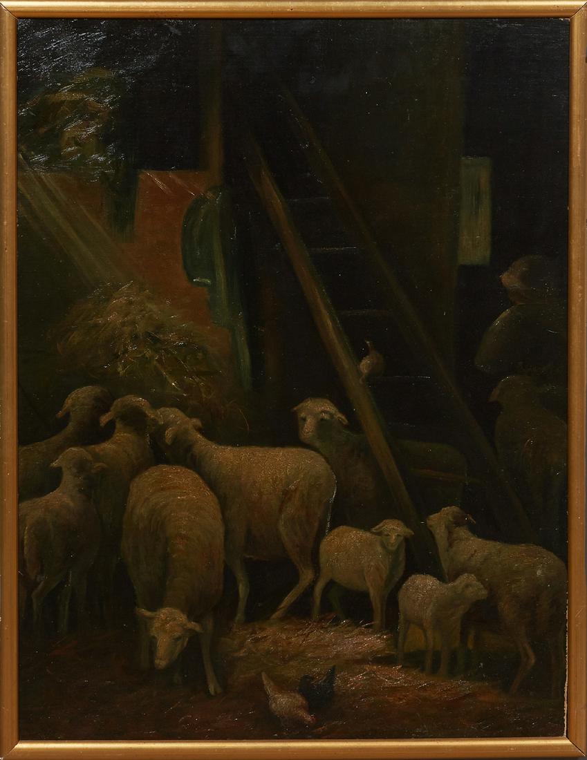 Continental School, "Sheep in Barn," 19th c., oil on: Continental School, "Sheep in Barn," 19th c., oil on canvas laid to board, unsigned, presented in a gilt frame, H.- 28 1/4 in., W.- 20 3/4 in., Framed H.- 30 1/16 in., W.- 22 1/4 in.