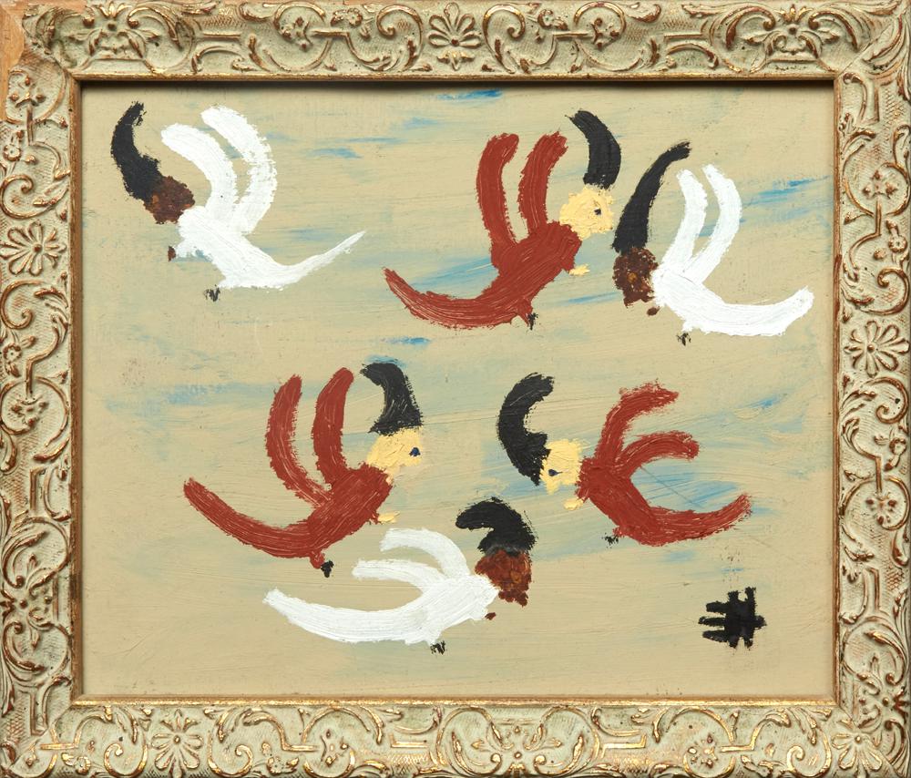 After Clementine Hunter (1886-1988, Louisiana),: After Clementine Hunter (1886-1988, Louisiana), "Angels", oil on board, 20th c., signed lower left, presented in a polychromed frame, H.- 8 in., W.- 10 1/8 in., Framed H.- 10 1/16 in., W.- 12 1/8 in. 