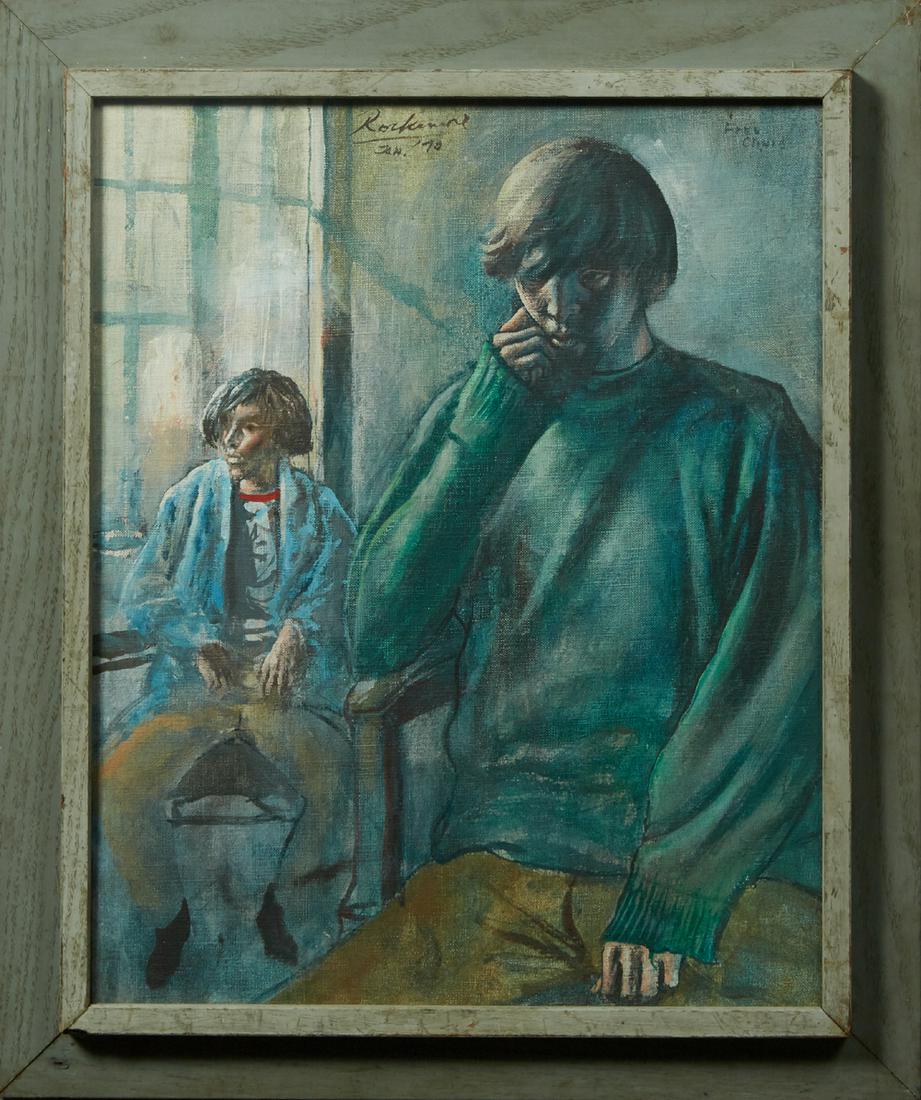 Noel Rockmore (1928-1995, Louisiana), "Free Clinic,": Noel Rockmore (1928-1995, Louisiana), "Free Clinic," 1970, oil on canvas, signed and dated upper middle of canvas, titled upper right corner, presented in a painted wood frame, H.- 19 1/2 in., W.- 15 