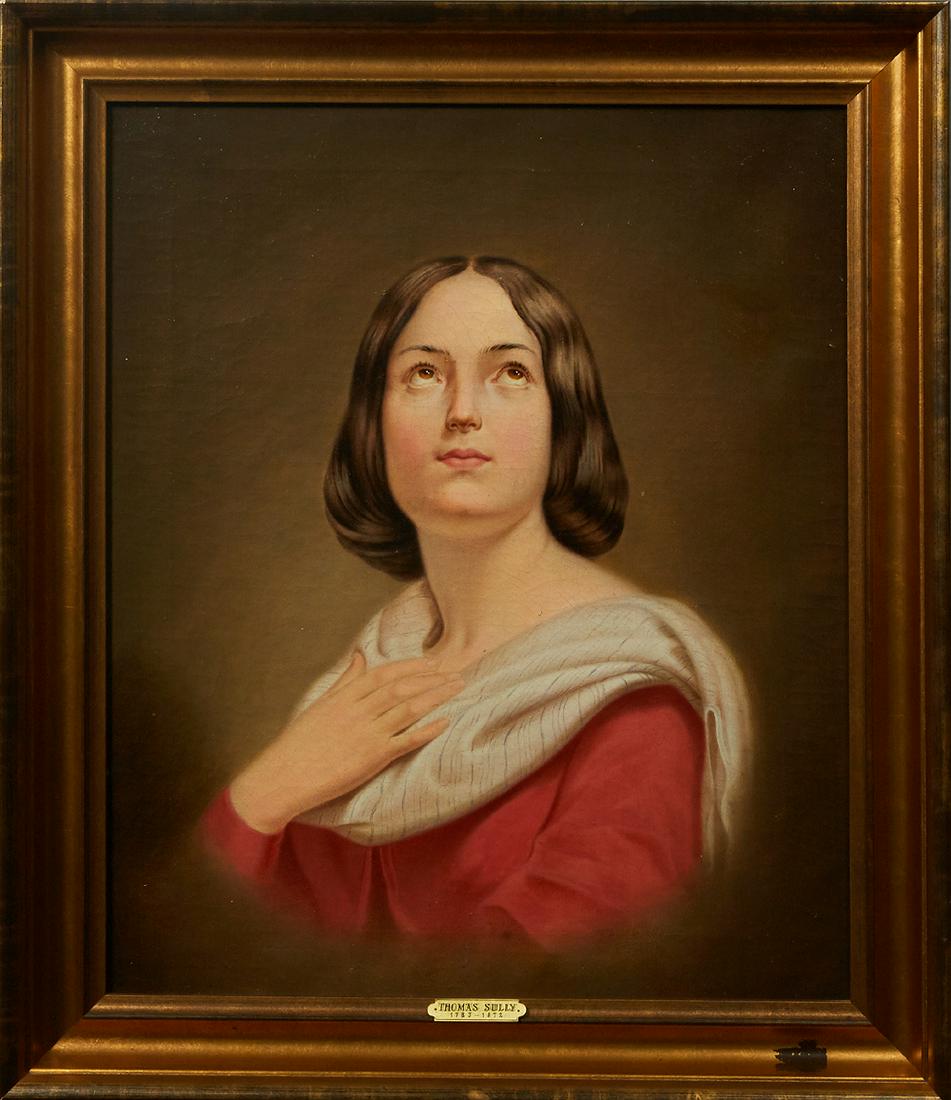 Attributed to Thomas Sully (1783-1872, Philadelphia),: Attributed to Thomas Sully (1783-1872, Philadelphia), "A Young Woman in a Moment of Inspiration," mid-19th c., oil on canvas, signed faintly in monogram verso, presented in a modern cove molded frame,