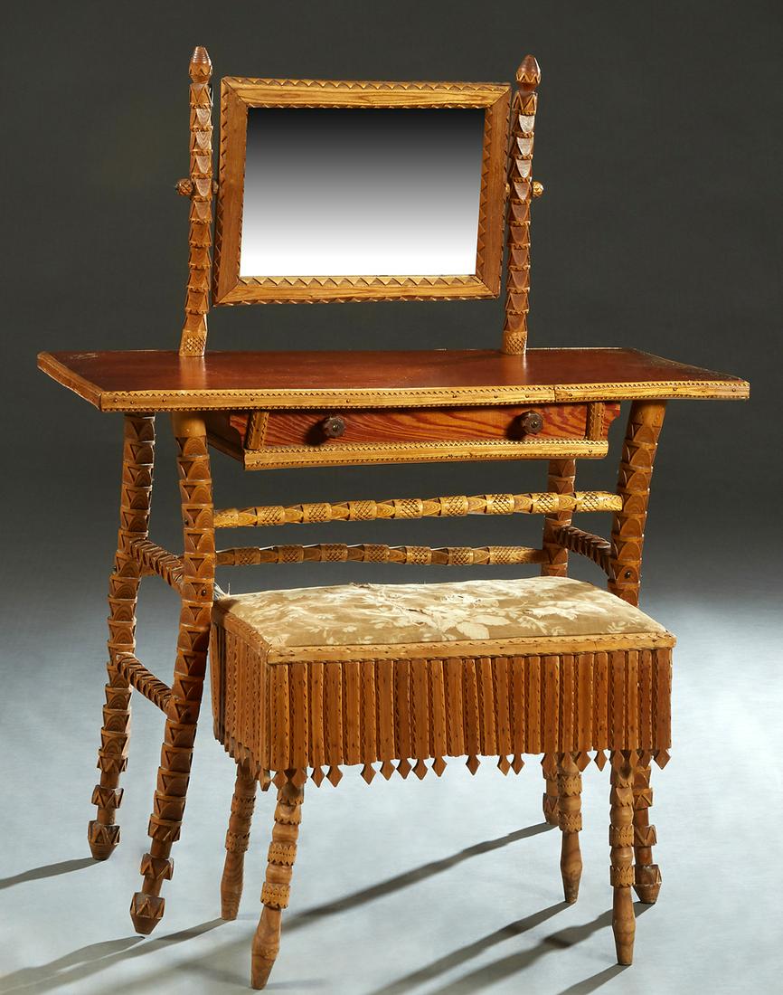 American Carved Pine Tramp Art Vanity and Bench, early (1 of 1)