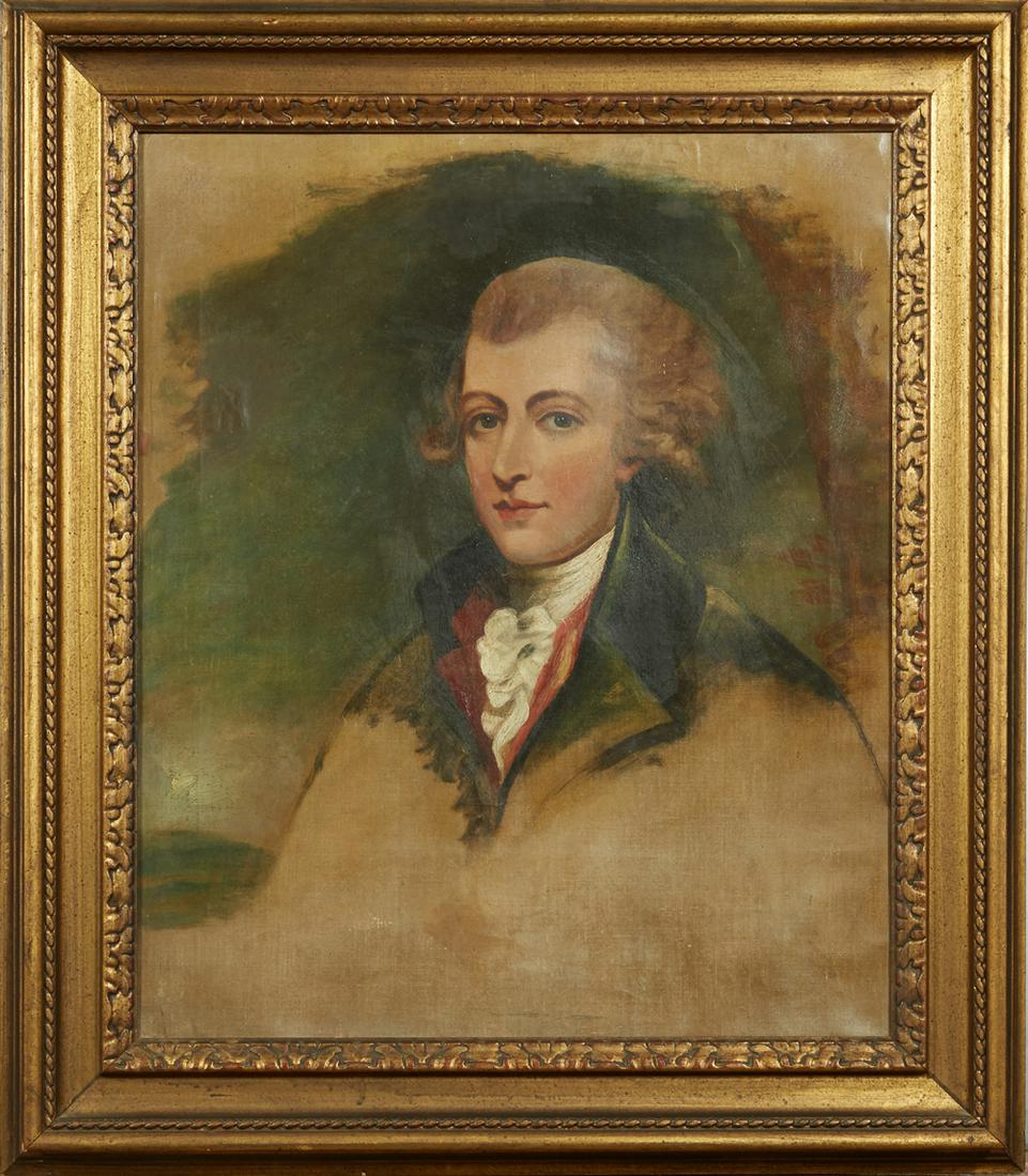 English School, "Portrait of a Gentleman,": English School, "Portrait of a Gentleman," late 18th/early 19th c., oil on canvas study, gallery marked "Stuart" and inventory #683-A en verso, "Brown 163 High Holborn London" stamped en verso at top