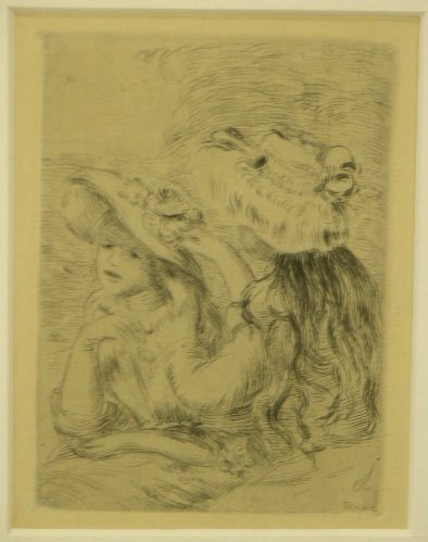 Pierre Auguste Renoir (1841-1919), "Sur La Plage a: Pierre Auguste Renoir (1841-1919), "Sur La Plage a Bonneval," 1892, dry point etching, framed, H.- 5 3/8 in., W.- 3 5/8 in.