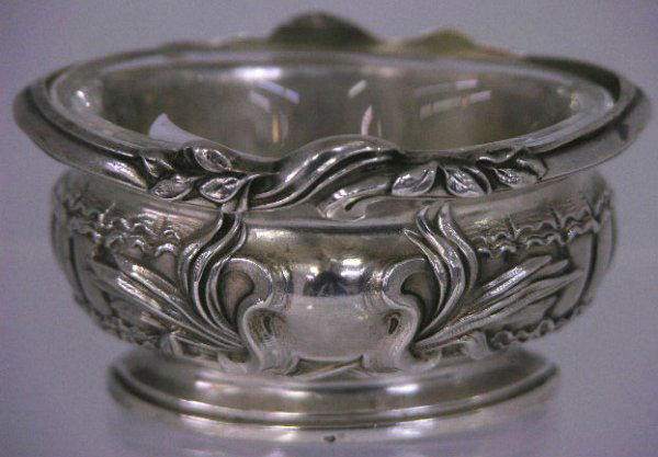 French Sterling Open Salt, 19th c., by Alphonse De: French Sterling Open Salt, 19th c., by Alphonse Debain, with intricate relief decoration, with a glass liner, H.- 1 3/8 in., W.- 2 5/8 in., D.- 2 1/8 in.