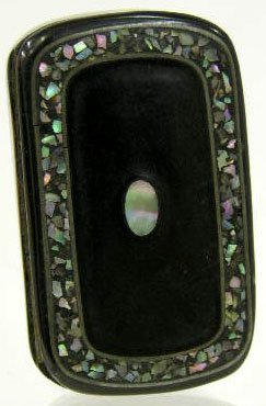 English Papier Mache Snuff Box, 19th c., the hinge: English Papier Mache Snuff Box, 19th c., the hinged lid with an abalone inlaid border and central medallion, H.- 5/ 8 in., W.- 2 1/8 in., D.- 1 5/16 in.