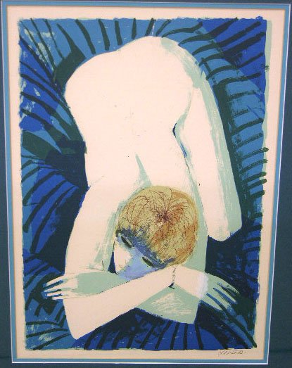 Charles Levier (1920-2004), "Nude in Blue," 20th c: Charles Levier (1920-2004), "Nude in Blue," 20th c., colored print, pencil signed l.r. margin, framed, H.- 19 1/4 in., W.- 13 3/4 in.