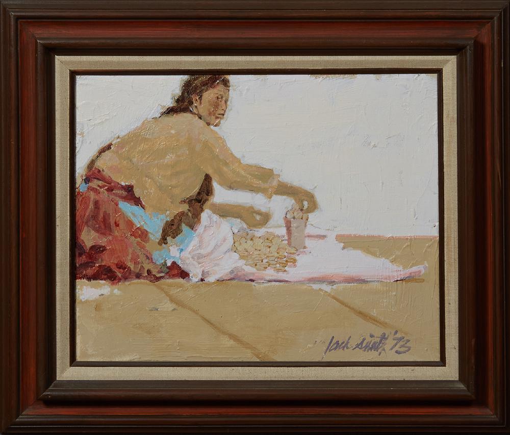 Jack Smith, "Primer Venti del Dia, (First Sale of the: Jack Smith, "Primer Venti del Dia, (First Sale of the Day)," 1933, oil on canvas, signed and dated lower right, titled verso on stretcher, presented in a mahogany frame with a linen mat, H.- 15 3/4 in
