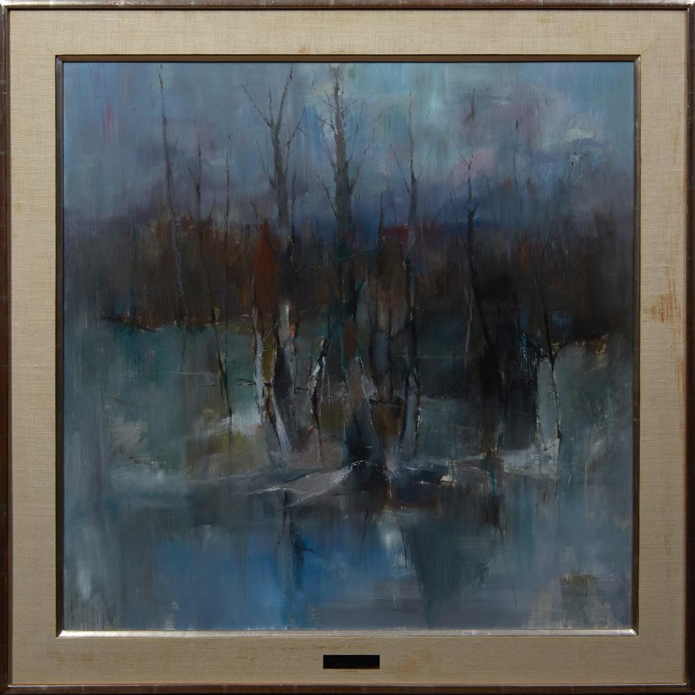 Lainon Eglitis, "Ground Hog Day," 20th c., oil on: Lainon Eglitis, "Ground Hog Day," 20th c., oil on masonite, signed and titled verso, presented in a gilt frame with a linen mat, H.- 25 3/4 in., W.- 25 1/2 in.; framed H.- 31 in., W.- 31 in., D.- 1 in