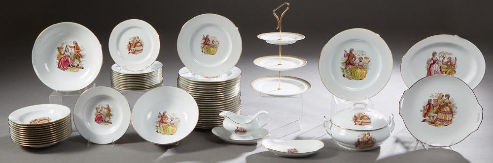 Fifty-Seven Piece Set of French Limoges Porcelain: Fifty-Seven Piece Set of French Limoges Porcelain Dinnerware, 20th c., by "La Reine," with gilt rims and transfer decoration of people in 18th c. costumes, , consisting of 24 dinner plates, 12 soup bo