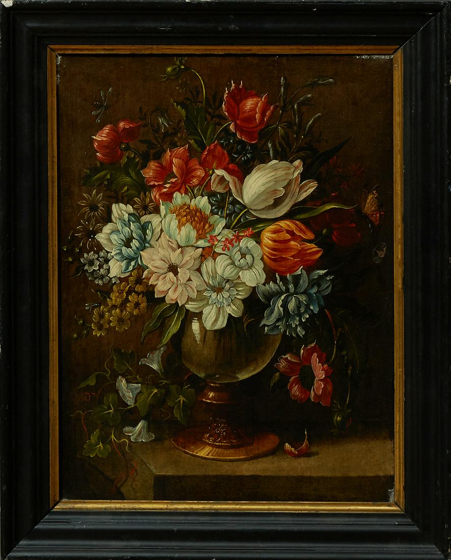 Dutch School, "Still Life of Flowers in a Glass Bowl,": Dutch School, "Still Life of Flowers in a Glass Bowl," 18th c., oil on panel, presented in a wide ebonized frame with a gilt liner, H.- 21 in., W.- 15 1/2 in.