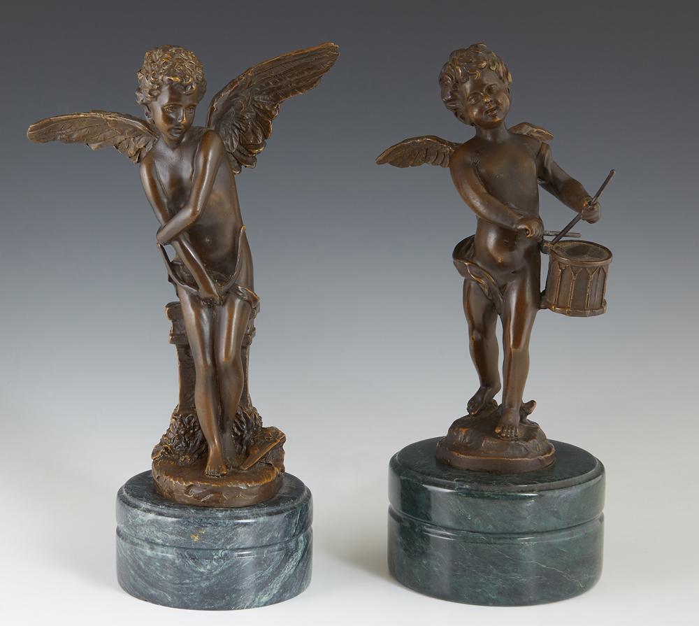 After Auguste Moreau (1834-1917, French), "The Winged: After Auguste Moreau (1834-1917, French), "The Winged Putto Drummer," and "Winged Cupid with Bow and Quiver," late 20th c., on integral circular matching figured green marble bases, Drummer- H.- 11 1/