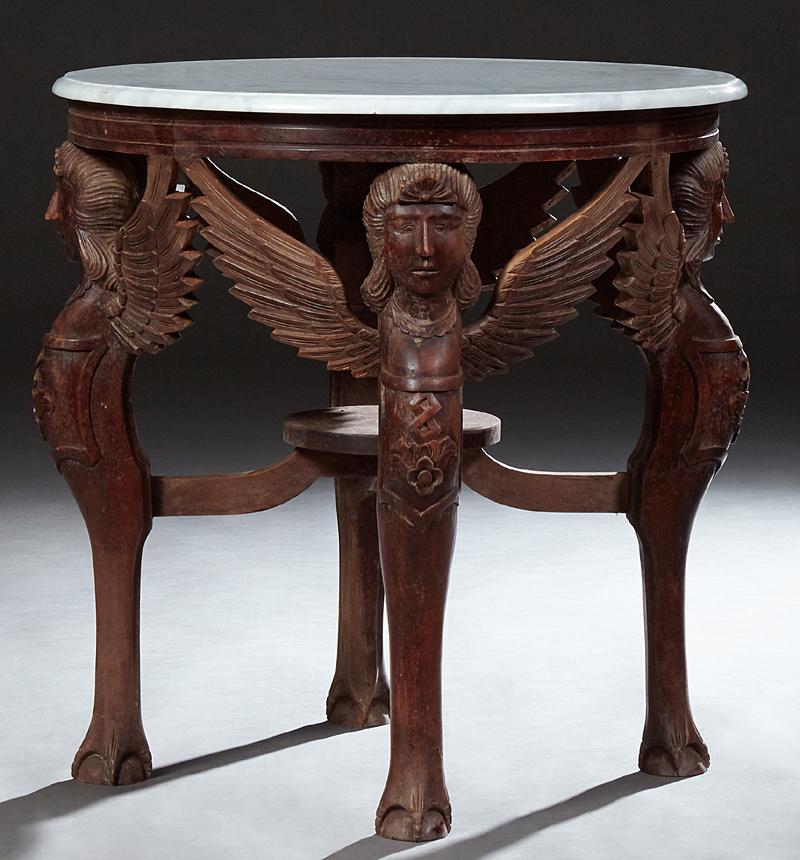 French Style Carved Mahogany Marble Top Center Table, (1 of 1)