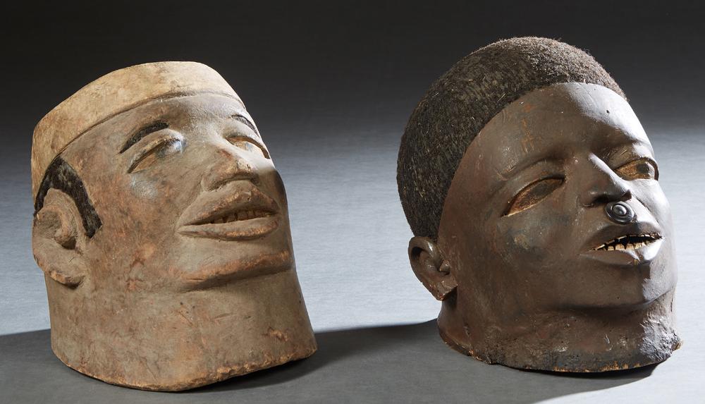 Two African Makonde Carved Wood Helmet Masks With Hair, (1 of 1)