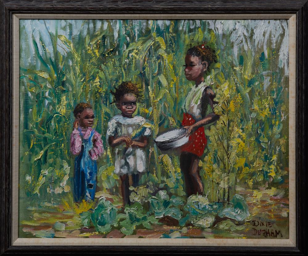 Dixie Durham (1913-2010, Arkansas), "Children in a: Dixie Durham (1913-2010, Arkansas), "Children in a Cornfield," 20th c., oil on canvas, signed lower right, presented in a distressed wood frame with a linen mat, H.- 19 3/4 in., W.- 21 1/2 in.; framed