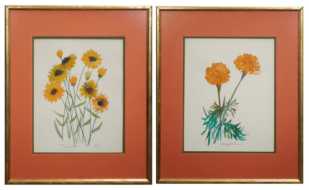Zella Funck (1917-2009, Louisiana), "Marigold" and: Zella Funck (1917-2009, Louisiana), "Marigold" and "Daisies," 20th c., watercolors on paper, signed lower right, titled lower left, presented in gilt frames, H.- 19 1/4 in., W.- 15 1/4 in., Framed H.-