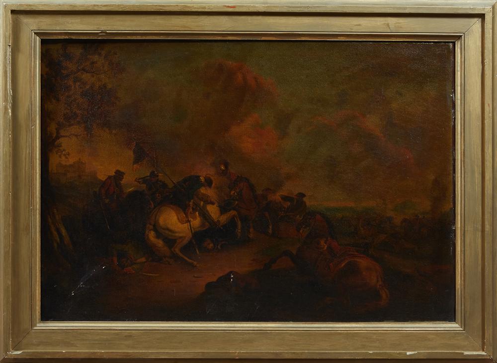 Continental School, "Soldiers on the Battlefield," 19th: Continental School, "Soldiers on the Battlefield," 19th c., oil on canvas, unsigned, old sender label en verso from Norway to New Orleans, presented in a wood frame, H.- 26 1/2 in., W.- 39 in., Framed