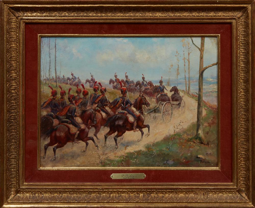 Paul Emile Leon Perboyre (1851-1929, French), "Soldiers: Paul Emile Leon Perboyre (1851-1929, French), "Soldiers Going to Battle," 19th c., oil on canvas, signed lower right, presented in a burnt orange velvet and gilt frame, with artist plaque and date on