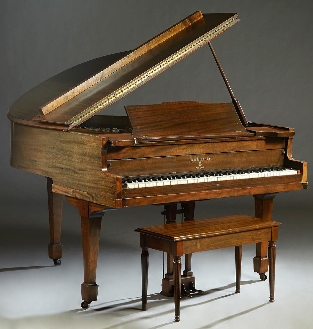 Mahogany Baby Grand Piano, 1908-1971, by Behr Bros &: Mahogany Baby Grand Piano, 1908-1971, by Behr Bros & Co., New York, no visible serial number, 88 keys, with a mahogany music bench, H.- 39 in., W.- 55 in., D.- 58 in.