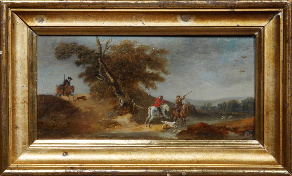 Attributed to Henry Thomas van Alken (1785-1851),: Attributed to Henry Thomas van Alken (1785-1851), "Hunting Scene with Dogs, oil on panel, unsigned, presented in a distressed gilt frame, H.- 4 7/8 in, W.- 10 1/8 in.