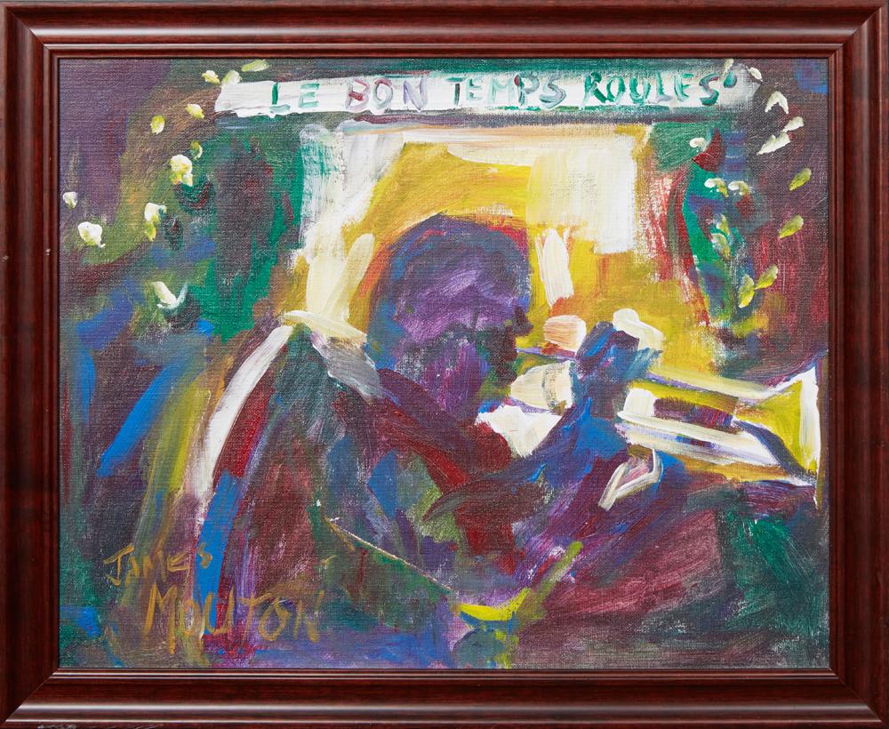 James Mouton (1925-2011, New Orleans), "Le Bon Temps: James Mouton (1925-2011, New Orleans), "Le Bon Temps Roules'," 20th c., oil on canvas, signed lower left, titled on top, presented in a wood frame, H.- 15 1/2 in., W.- 19 1/2 in., Framed H.- 18 5/8 in