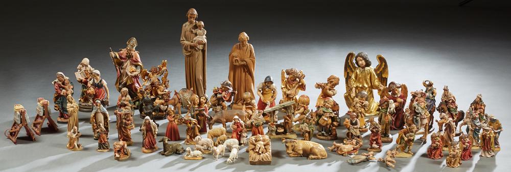 Large Group of Approx. 63 Carved Wood Nativity Figures, (1 of 3)