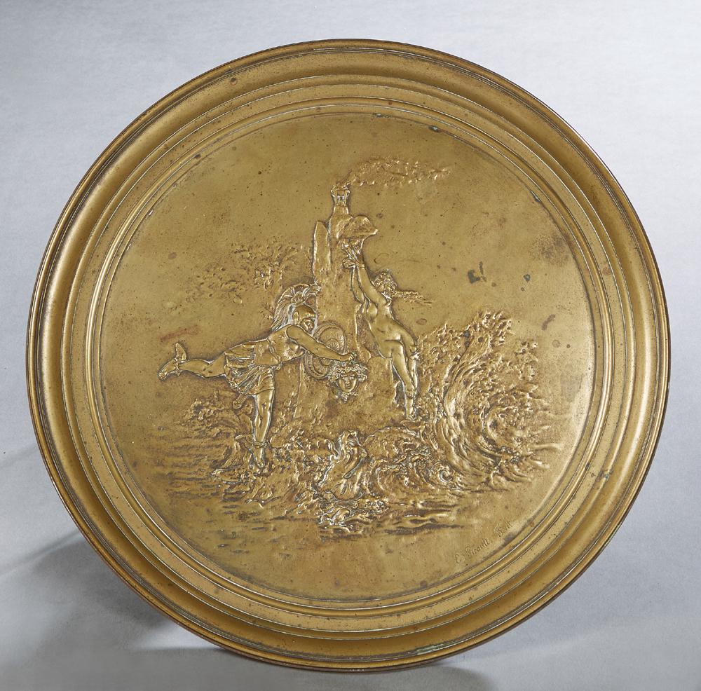 After Emile Picault (1833-1915, French), "Perseus With: After Emile Picault (1833-1915, French), "Perseus With Medusa's Head, Slaying the Sea Monster to Free Andromeda," late 19th c., bronze tazza, H.- 4 in., Dia.- 12 1/4 in.