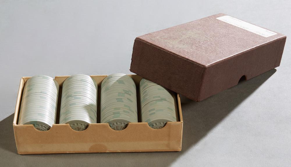 Group of One Hundred New Orleans Gambling Chips, early: Group of One Hundred New Orleans Gambling Chips, early 20th c., from O'Dwyers, New Orleans, in original box, H.- 1/8 in., Dia.- 1 1/2 in. (100 Pcs.)