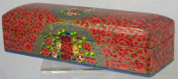 Russian Hand Painted Papier Mache Covered Dresser B: Russian Hand Painted Papier Mache Covered Dresser Box, 20th c., in red lacquer, with gilt and floral decoration, H.- 2 1/8 in., W.- 7 7/8 in., D.- 2 5/8 in.