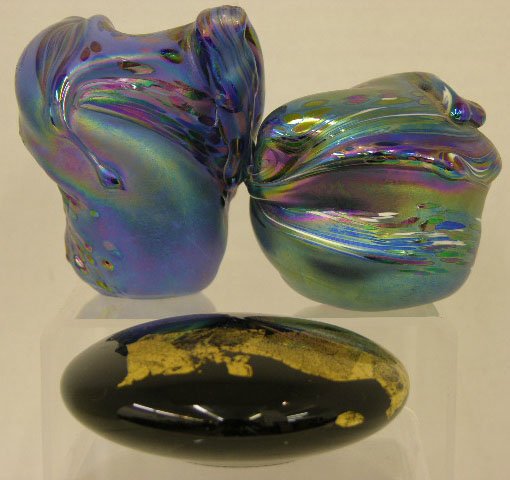 Group of Three Art Glass Paperweights, two by Nuan: Group of Three Art Glass Paperweights, two by Nuance, 1993, one by Randy Strong, 1987.